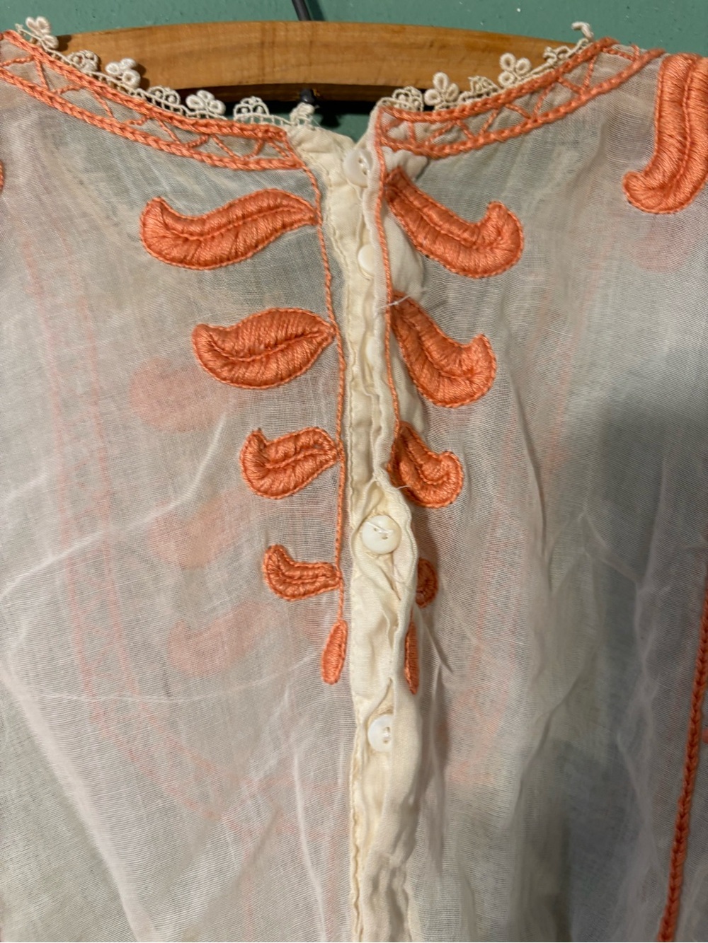 ANTIQUE Edwardian Embroidered White Peasant Blouse with Coral Beading - Picture 6 of 6